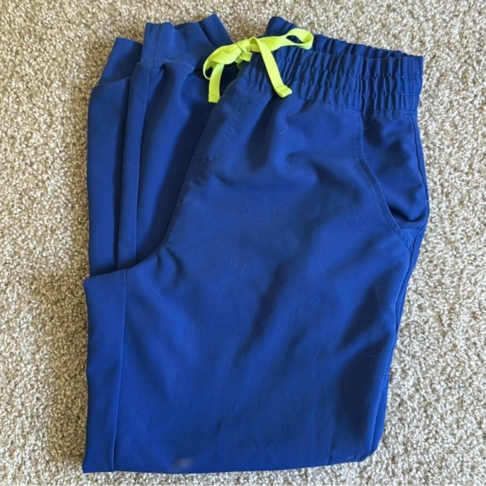 Figs Women's Joggers in Blue with Neon Green Drawstring